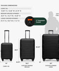 Front view of three black hardshell spinner luggage pieces: carry-on, medium, and large with telescoping handles.