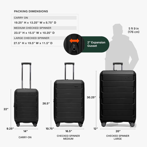 Front view of three black hardshell spinner luggage pieces: carry-on, medium, and large with telescoping handles.