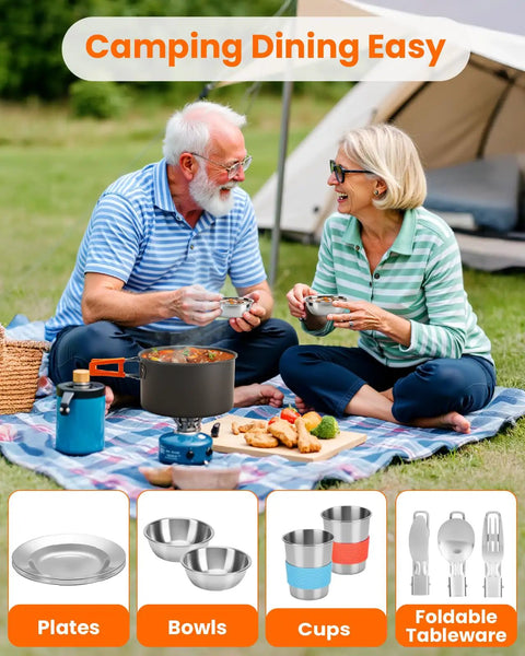 Couple using 21 Piece Camping Cookware Mess Kit For Two Lightweight Pots And Pans Set With Nonstick Coating Non Toxic