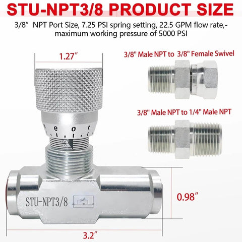 Hydraulic Flow Control Valve 5000 PSI One Way Adjustable Speed Throttle Check Valve With Two Pipe Adapters, dimensions labeled