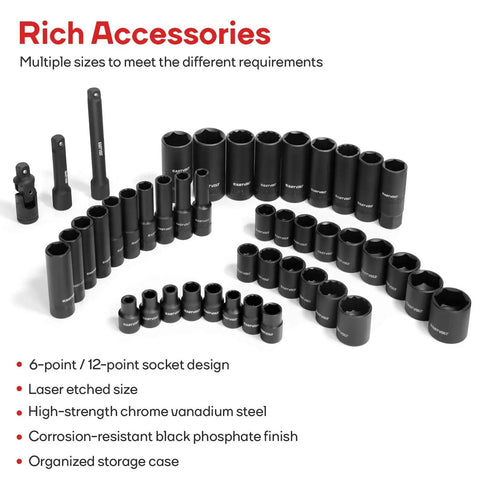 46 Piece Drive Socket And Ratchet Set With 72 Tooth Reversible Ratchet, Extension Bar Kit And Heavy Duty Storage Case displayed