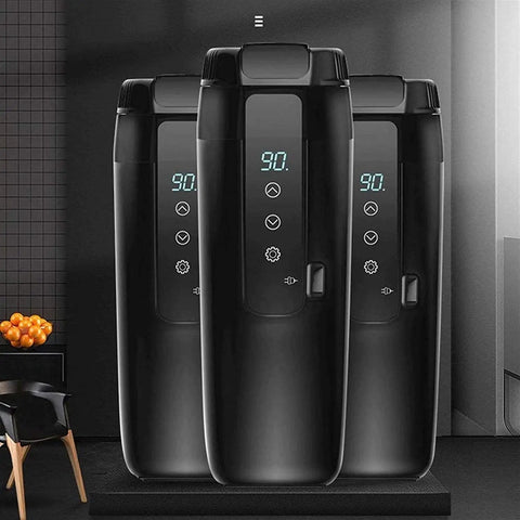 Leak Proof Electric Heated Travel Coffee Mug With Temp Control Fits Car Cup Holder Stainless Steel Insulated Thermos displayed on a black backdrop.