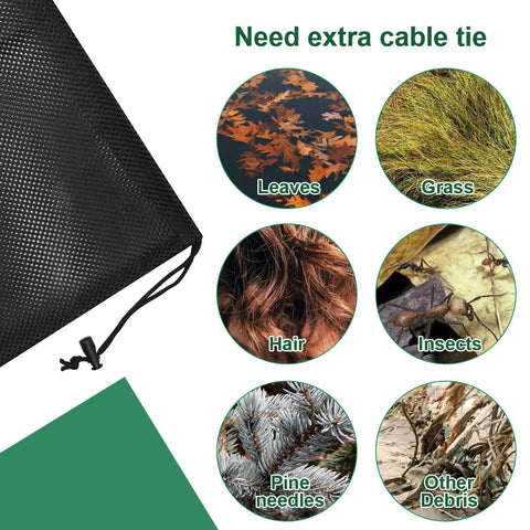 Heavy Duty Pump Barrier Bag For Ponds Pond Filter Mesh That Blocks Debris Prevents Clogs And Protects Biological Filters. Visible are black mesh fabric and examples of debris like leaves and hair.