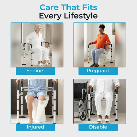 Adjustable Toilet Safety Rails With Hella Tough Handles Builds Rock Solid Support Structure for Elders and Disability Needs Supplies Badass Weight Capacity and Gnarly Anti Slip Texture Secures Your Daily Flush Routine in Black, shown in use by seniors, pregnant individuals, injured users, and disabled individuals.