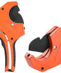 Ratcheting PVC Pipe Cutter For 2-1/2 Inch Tubing, heavy duty orange tool, close-up view, easy grip handle, pro grade.