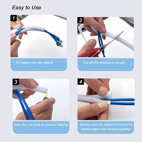 Steps showing how to use 10 Ft 1/2 Inch Braided Cable Management Sleeve Cord Protector Self-Wrapping Split Wire Loom