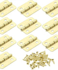 Gold Cabinet Hinges Set Of 10 Four Hole Iron Hardware For Jewelry Boxes And Small Chests with screws displayed on white background
