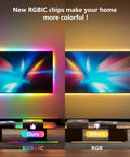 Comparison of Neon Rope Lights 10ft RGBIC LED Strip With Music Sync showing vibrant RGBIC vs standard RGB lighting around a TV.