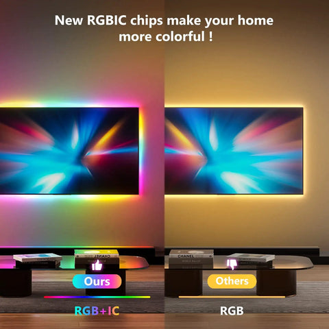 Comparison of Neon Rope Lights 10ft RGBIC LED Strip With Music Sync showing vibrant RGBIC vs standard RGB lighting around a TV.