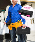 Man holding black toolbox from Pink 39 Piece Household Tool Set With Plastic Toolbox Essential Hand Tool Kit For Home Repairs DIY Projects Crafting Handy For Students Weekend Warriors And Everyday Fixes