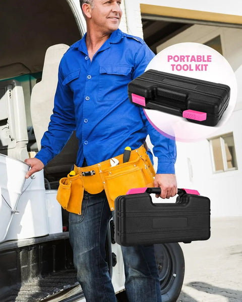 Man holding black toolbox from Pink 39 Piece Household Tool Set With Plastic Toolbox Essential Hand Tool Kit For Home Repairs DIY Projects Crafting Handy For Students Weekend Warriors And Everyday Fixes