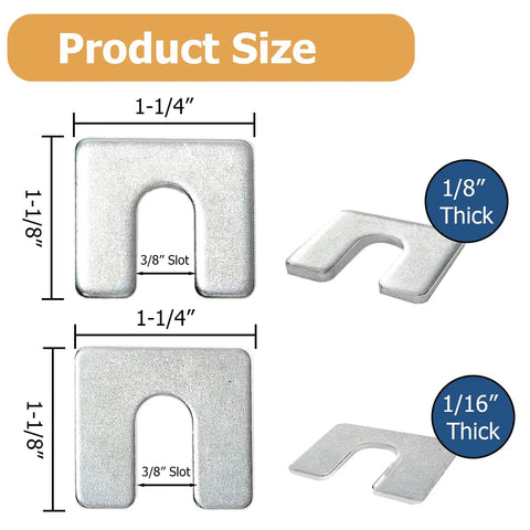 40 Piece Auto Body Fender Alignment Shim Kit For Precise Fender Gap And Panel Fit Includes One Sixteenth And One Eighth Inch Thick Shims One And One Quarter Inch Wide With Three Eighth Inch Slot For DIYers Auto Body Realignment with size and thickness details