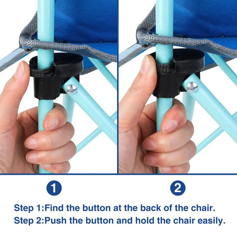 Instructions for folding the Kids Outdoor Folding Lawn And Camping Chair With Cup Holder And Carrying Bag For Beach And Travel, Sturdy Steel Frame, Water Resistant Oxford Cloth, Cute Shark Pattern, Portable Seat For Little Explorers.