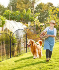 Woman and dog by Tall Garden Fence With Gate 40 Inches High By 26 Feet Long 12 Panels Heavy Duty Metal No Dig Fence For Yard