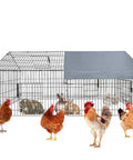 All Weather Heavy Duty Outdoor Chicken Coop With Waterproof Cover 86 Inch Long 40 Inch Wide 40 Inch High Metal Poultry Run For Hens Ducks And Rabbits Predator Proof Dual Locking System Self Closing Door Built Tough Backyard Enclosure And Pet Playpen with chickens and rabbits inside. Metal frame with a grey cover.