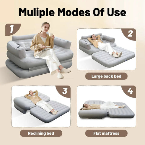 Full Size Inflatable Sofa Bed With Air Pump, various configurations, durable PVC, shows seated and reclined positions.