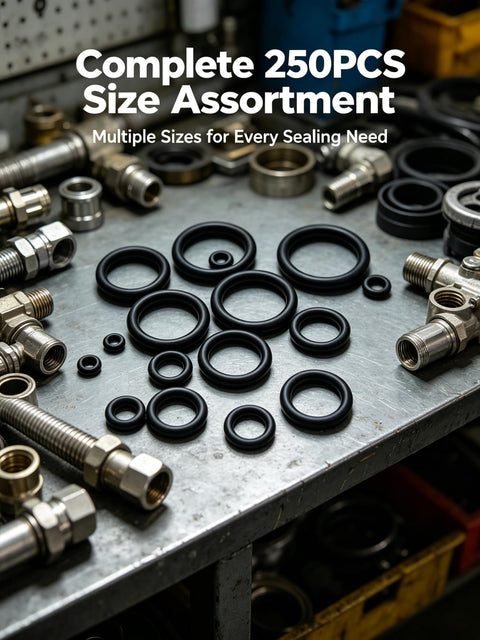 Premium 250 Piece O Ring Assortment Kit With 15 Sizes Nitrile Rubber Seals Set displayed on workbench