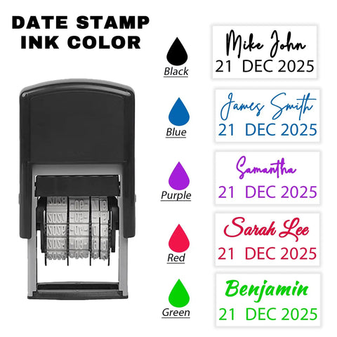 Straight Up Slick Custom Business Date Stamp With Your Personalized Name And Signature, Dope Self Inking Refillable Seal for signing in five ink colors.