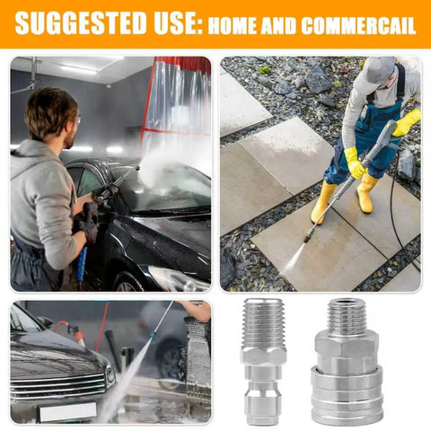 Two stainless steel 1/4-inch pressure washer quick-connect fittings with male and female threads.