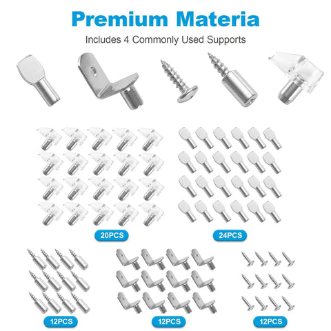 Heavy Duty Nickel Plated Shelf Pegs Pins Kit 80 Piece Set showing assorted metal brackets, clips, and screws for shelving support.