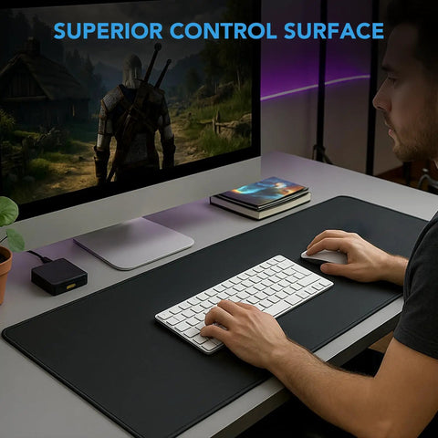 Person using Extra Large Gaming Mouse Pad 31.5 By 15.7 Inch Desk Mat With Non Slip Rubber Base in gaming setup with keyboard