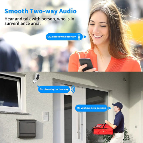2K Outdoor Wireless Battery Powered Camera With 5200mAh Dual Batteries and two-way audio demonstrated in home entry scenario