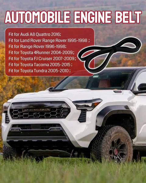 Premium 7PK2118 Serpentine Drive Belt For Toyota Tacoma And Tundra V6 Plus Audi A8 Quattro displayed on vehicle.