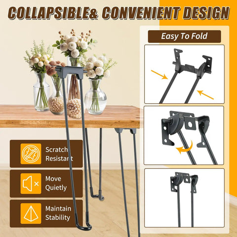 Heavy Duty Foldable Hairpin Table Legs Four Pack Sixteen Point Five Inch Top Tier Solid Steel Furniture Base with easy to fold design.