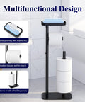 Black free standing toilet paper holder stand with rustproof metal construction, holds four rolls, shelf for phone, bathroom organizer.