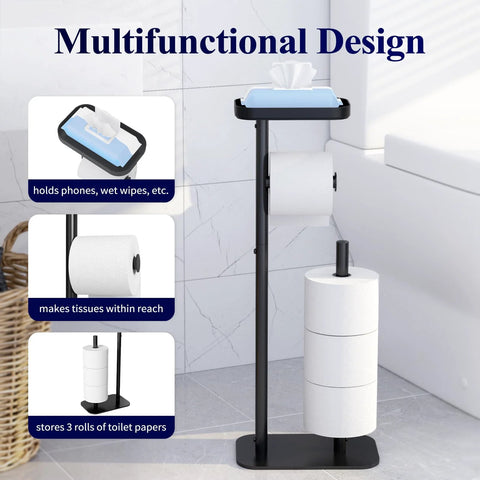 Black free standing toilet paper holder stand with rustproof metal construction, holds four rolls, shelf for phone, bathroom organizer.