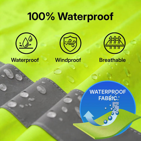 100% Waterproof feature of Tough As Nails High Visibility Reflective Rain Suit Set with droplets and icons.