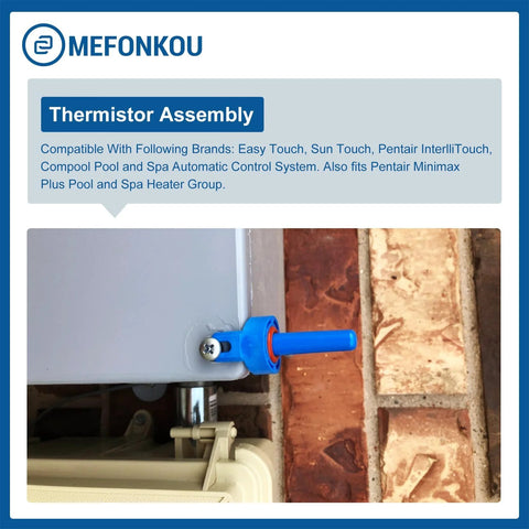 Installed thermistor assembly with blue plastic sensor probe on pool equipment panel