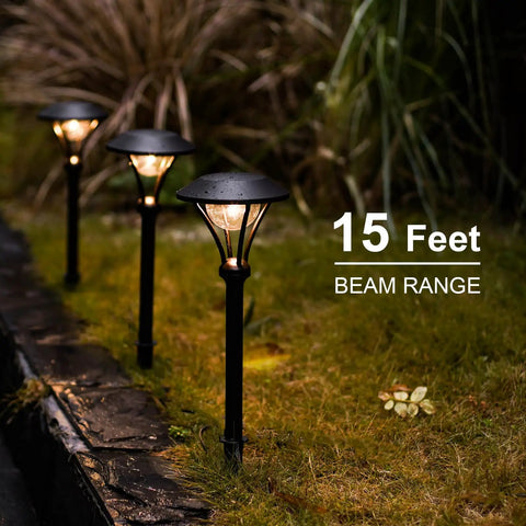 Low Voltage Path Lights For Landscape Lighting 1W LED 60 Lumens Durable Aluminum Stake Weatherproof Outdoor Garden Yard Patio Lighting Four Pack Energy Efficient Easy Install illuminating a garden path at night