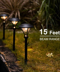 Low Voltage Path Lights LED 1W 60 Lumen Flood Lights With Sturdy Metal Stake illuminating a garden path at dusk, 15 feet beam range.