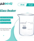 Low Form 10 mL Glass Beaker Set, 12 Pieces, 3.3 Borosilicate Lab Beakers With White Enamel Graduations From 5 to 10 mL, single beaker labeled