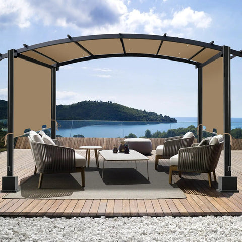 Waterproof Premium Pergola Shade Cover 85x208 Inches For 17x7.4 Ft Outdoor Pergolas Fit Flat Top Or Curved Styles Keeps Your Patio Cool With Fresh Look Canopy Khaki installed over outdoor furniture