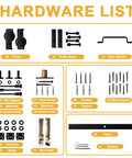 Hardware list for 36 By 84 Inch Solid Core Bifold Barn Door Set With Full Length Mirror, including pulleys, handles, and screws.