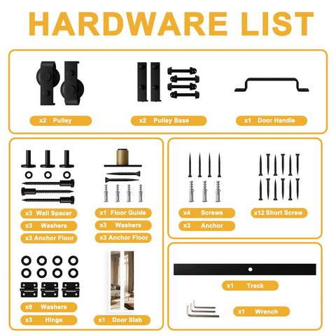 Hardware list for 36 By 84 Inch Solid Core Bifold Barn Door Set With Full Length Mirror, including pulleys, handles, and screws.