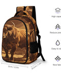 Long Horn Bull Vintage Print Backpack For Adults with large capacity and breathable fabric, side view with measurements.