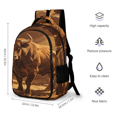 Long Horn Bull Vintage Print Backpack For Adults with large capacity and breathable fabric, side view with measurements.