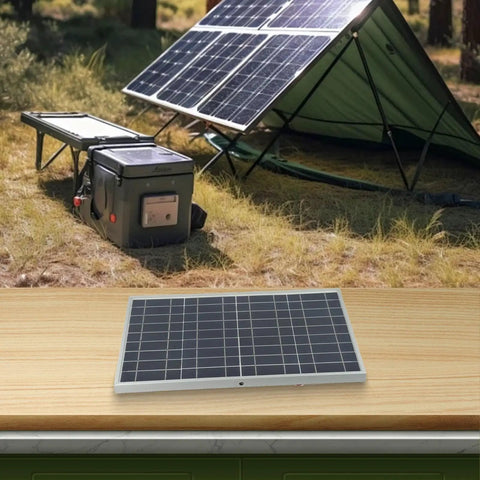 15W 12V Portable Solar Panel Kit with alligator clips for battery charging next to camping setup in outdoor setting