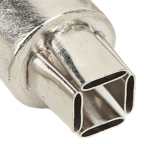 Close-up of Pro Grade Curved Angle Heat Gun Nozzle Kit stainless steel tip for delicate PCB electronics repair.