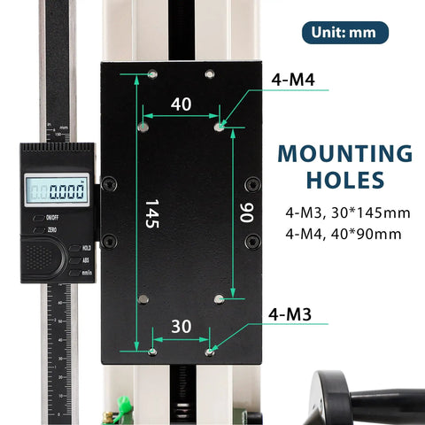 500N Force Gauge With Wheel Operated Test Stand 180mm Stroke USB Data Output 999 Peak Data Storage Free Software For Exporting Test Data And Charts Includes CH340 Cable mounting holes diagram