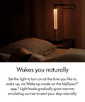 Bedroom setup with Solarcycle Morph Desk Light With Adaptive Daylight Tracking, casting warm light on bedside table, enhancing ambiance.