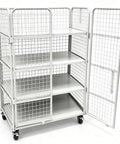 Hella Sturdy Foldable Warehouse Trolley With Reinforced Mesh Cargo Cage And Double Access Doors Commercial Rolling Utility Cart