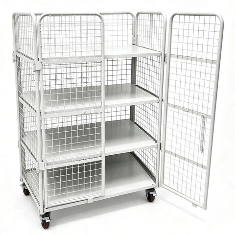 Hella Sturdy Foldable Warehouse Trolley With Reinforced Mesh Cargo Cage And Double Access Doors Commercial Rolling Utility Cart