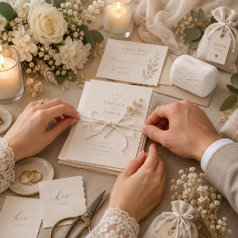 Cotton Twine Roll Three Ply Natural White used in elegant wedding invitation wrapping with floral decor.