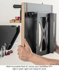 USA Made Portable Benchtop Router Table With Straight Up Precision Fence shown mounted on wall with wood clamp storage.