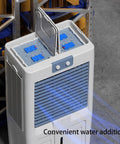 Portable Evaporative Air Cooler With Three Speed Settings And Ultra Quiet Motor For Home Office Or Garage Use compact design showing water addition feature.