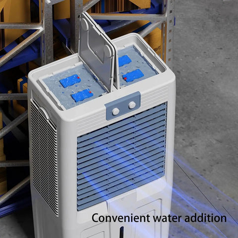 Portable Evaporative Air Cooler With Three Speed Settings And Ultra Quiet Motor For Home Office Or Garage Use compact design showing water addition feature.